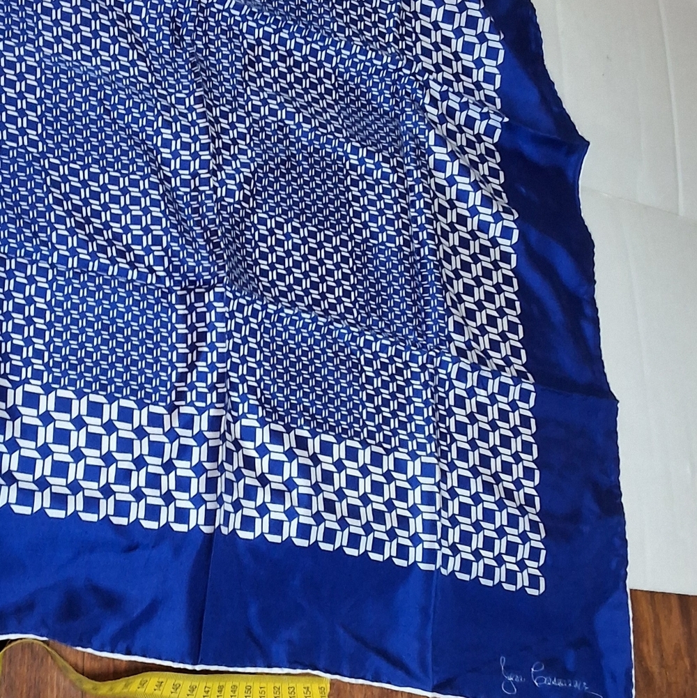 Vintage Jean Caseeere Signed Silk Scarf Blue White Geometric Mod Op Art 60s 70s - Picture 3 of 8
